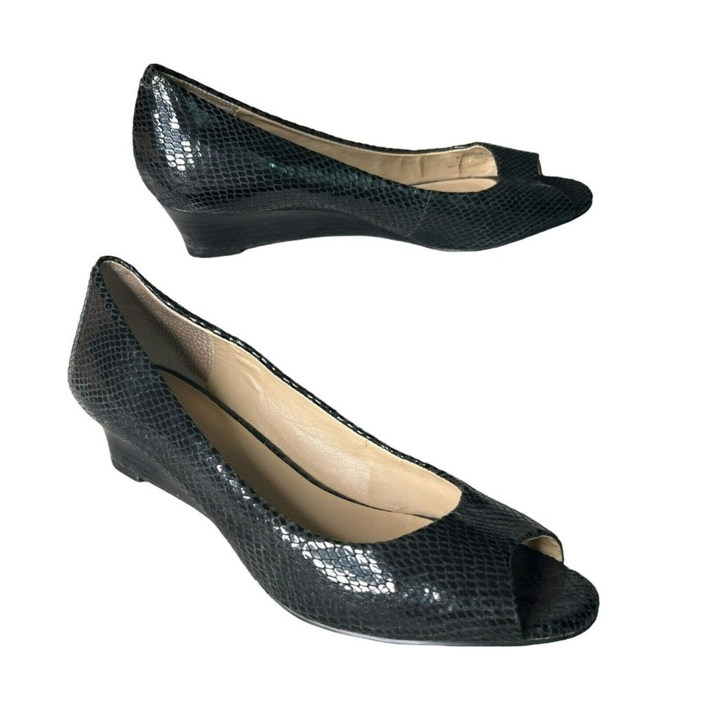 Arturo Chiang Black Snake Skin Leather Wedge Peep Toe Shoes Size 8.5 M 38.5